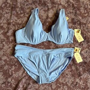 3X Top 2X Bottoms Women's Ribbed Light Blue Swim Set Bikini